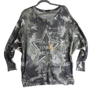 NT By Amati Star Camo Mesh Open Knit Sweater Womens OS Gray Graphic Dolman Y2K